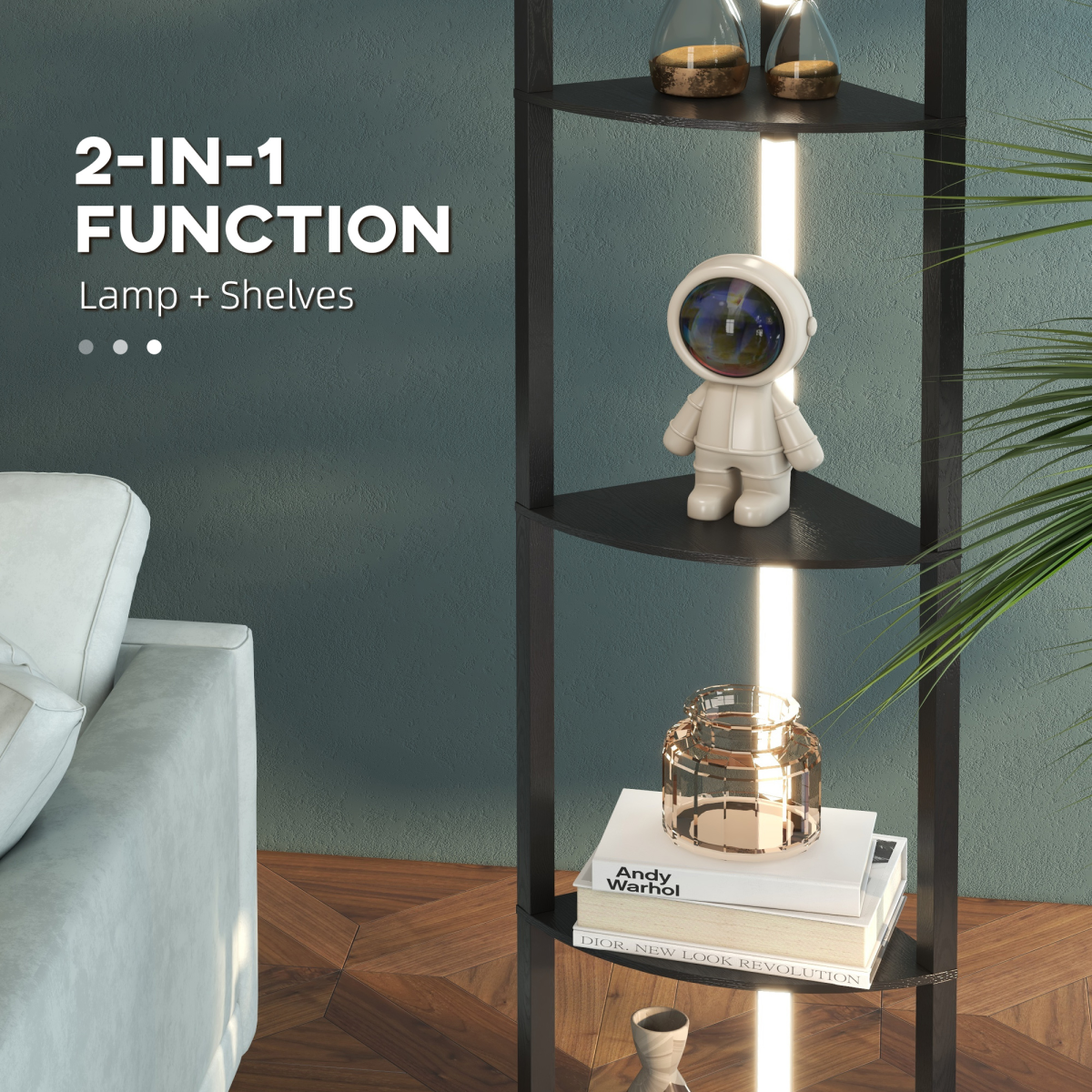 Stylish HOMCOM Corner Floor Lamp with Dimmable Warm White LED Light, for Living Room, with three shelves for decor.