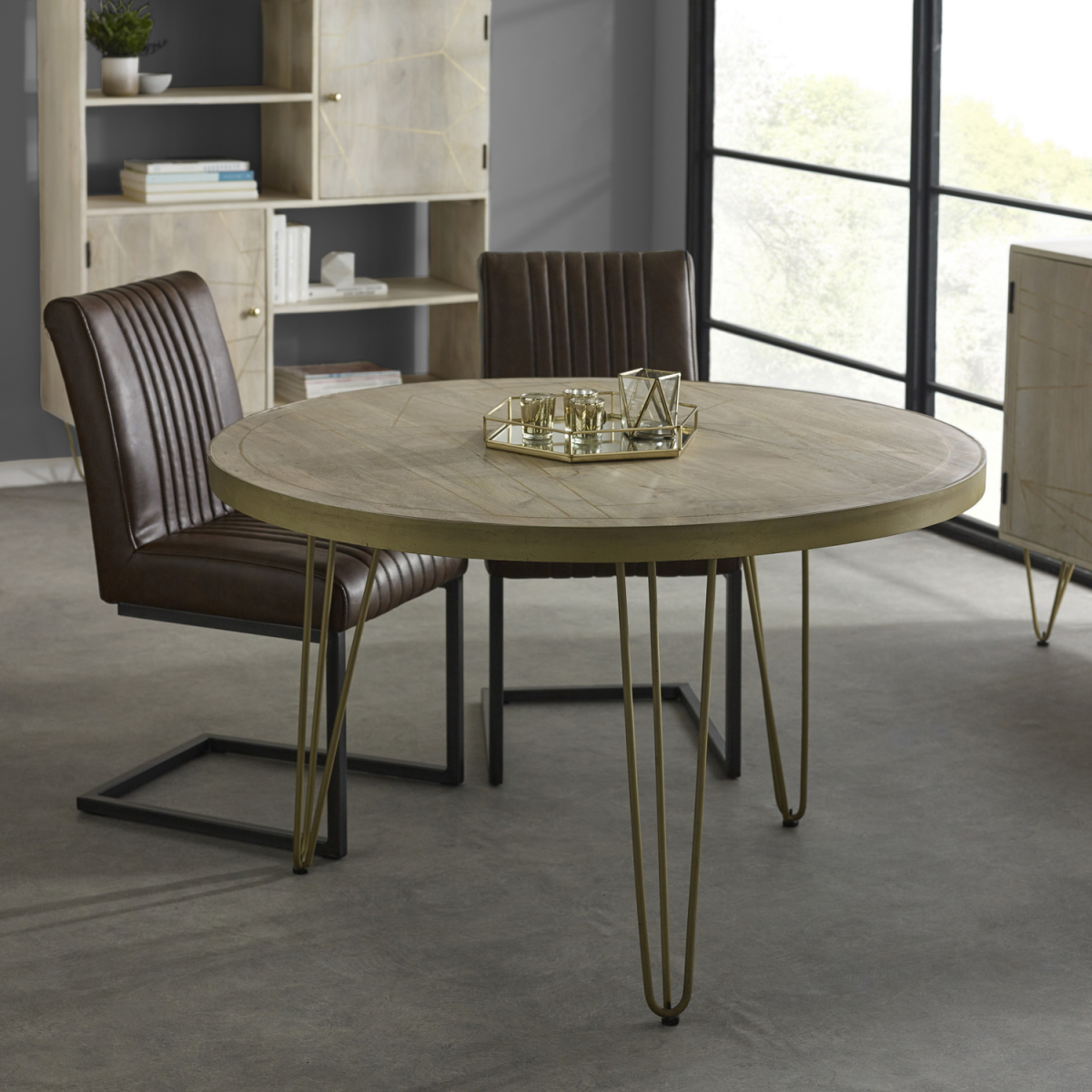 Light Gold Round Dining Table With Metal Inlay Dining Room - Indian Hub - Home Symphony