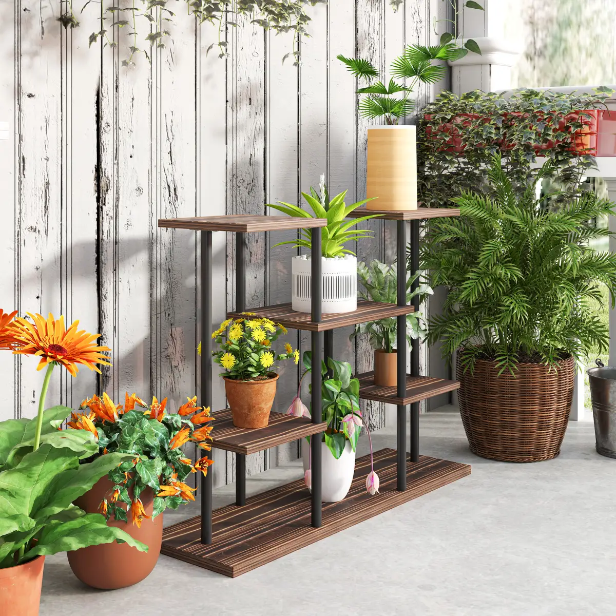 Outsunny Outsunny 4 Tiered Metal Flower Shelf Display Rack, Carbonised Finish - Wine Rack
