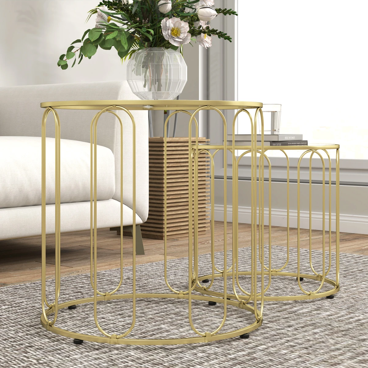 HOMCOM Nesting Coffee Tables Glass Top Gold Home by HOMCOM