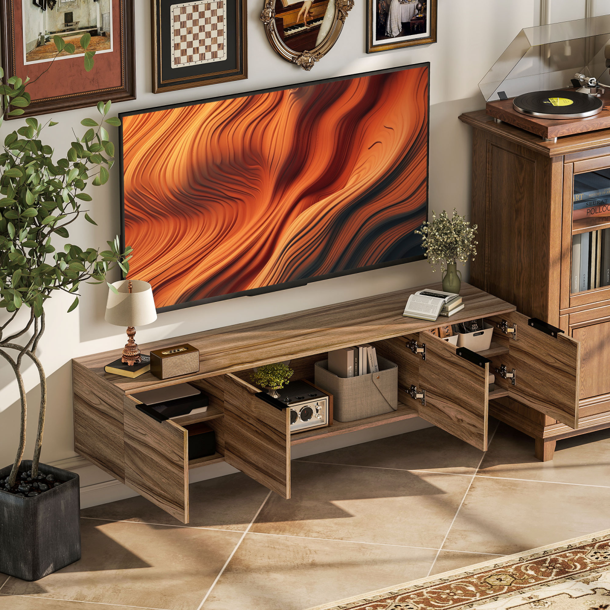 HOMCOM 65-inch floating TV stand in Rustic Brown Den, wall-mounted with shelves for TV and AV gear.