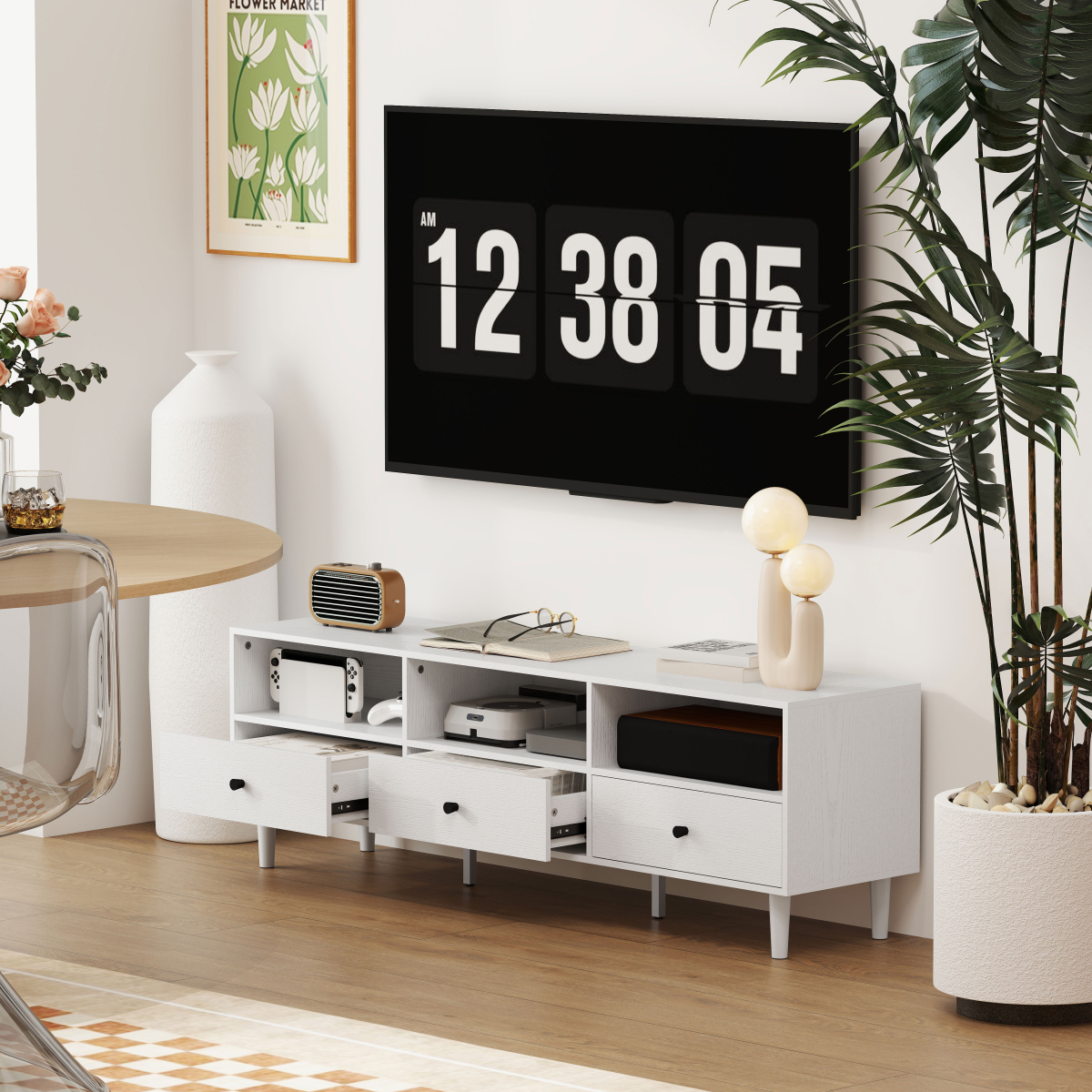 HOMCOM 75-inch TV unit with three drawers and three open shelves in a white living room setup.