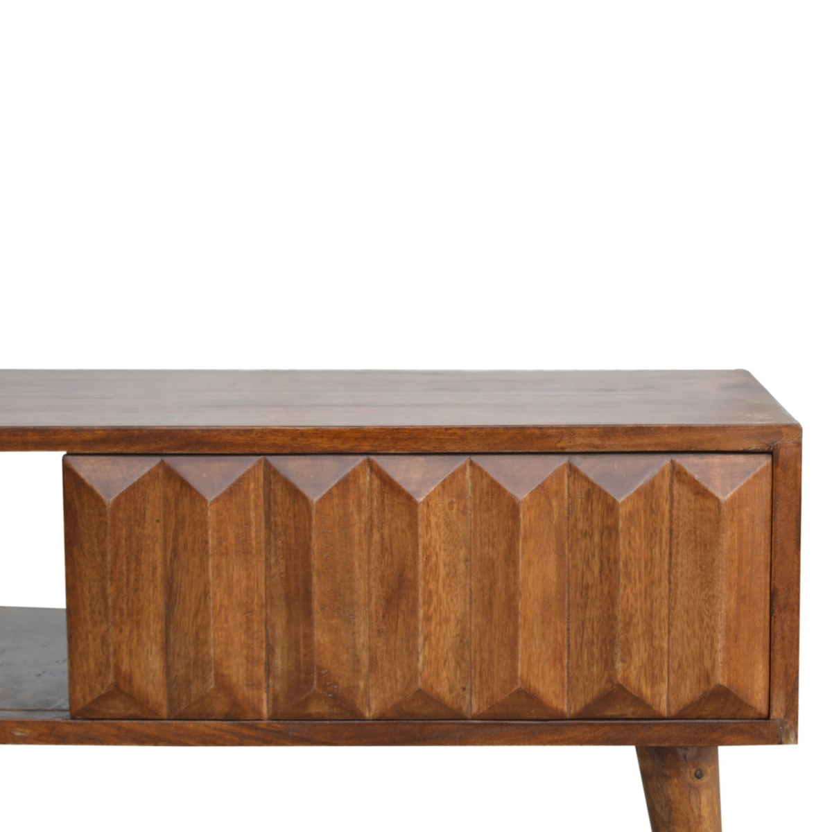 Artisan Media Unit 120cm Prism Door console for living room, solid mango wood in warm chestnut with geometric front.