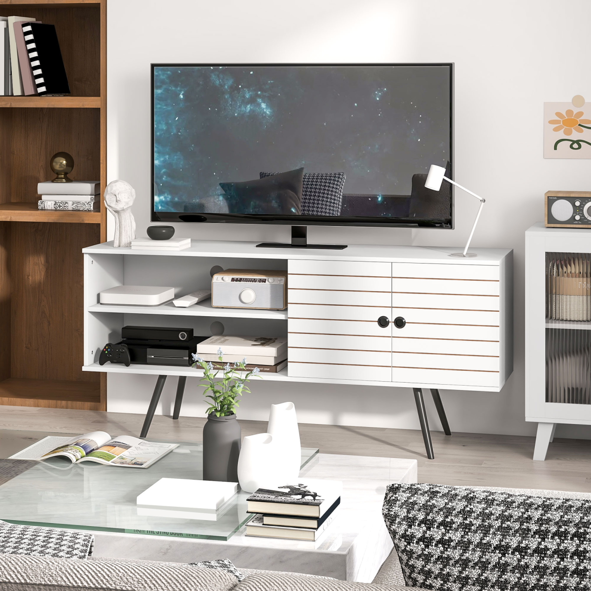 White HOMCOM 65-inch TV unit with doors and open shelves in a modern living room.