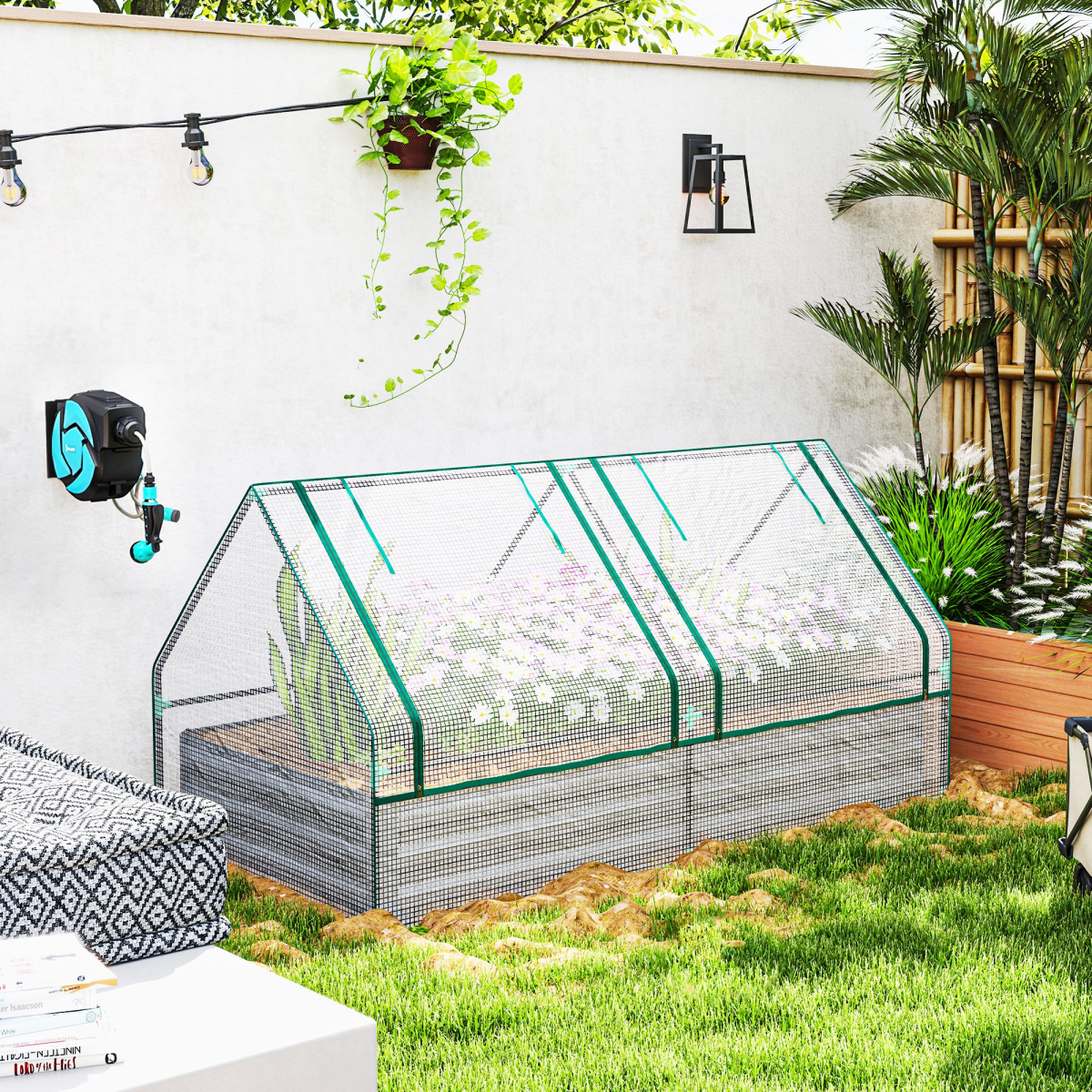 Outsunny Garden Bed Planter Box with 10cm edge greenhouse cover on galvanized steel frame in a backyard.