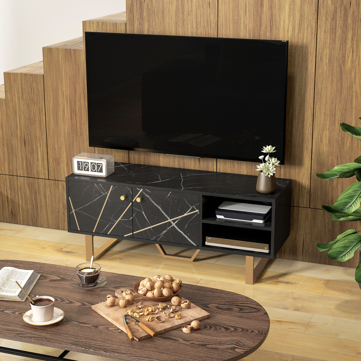 HOMCOM black marble TV unit with storage, two shelves and a cupboard, cable hole hides wires for living room.