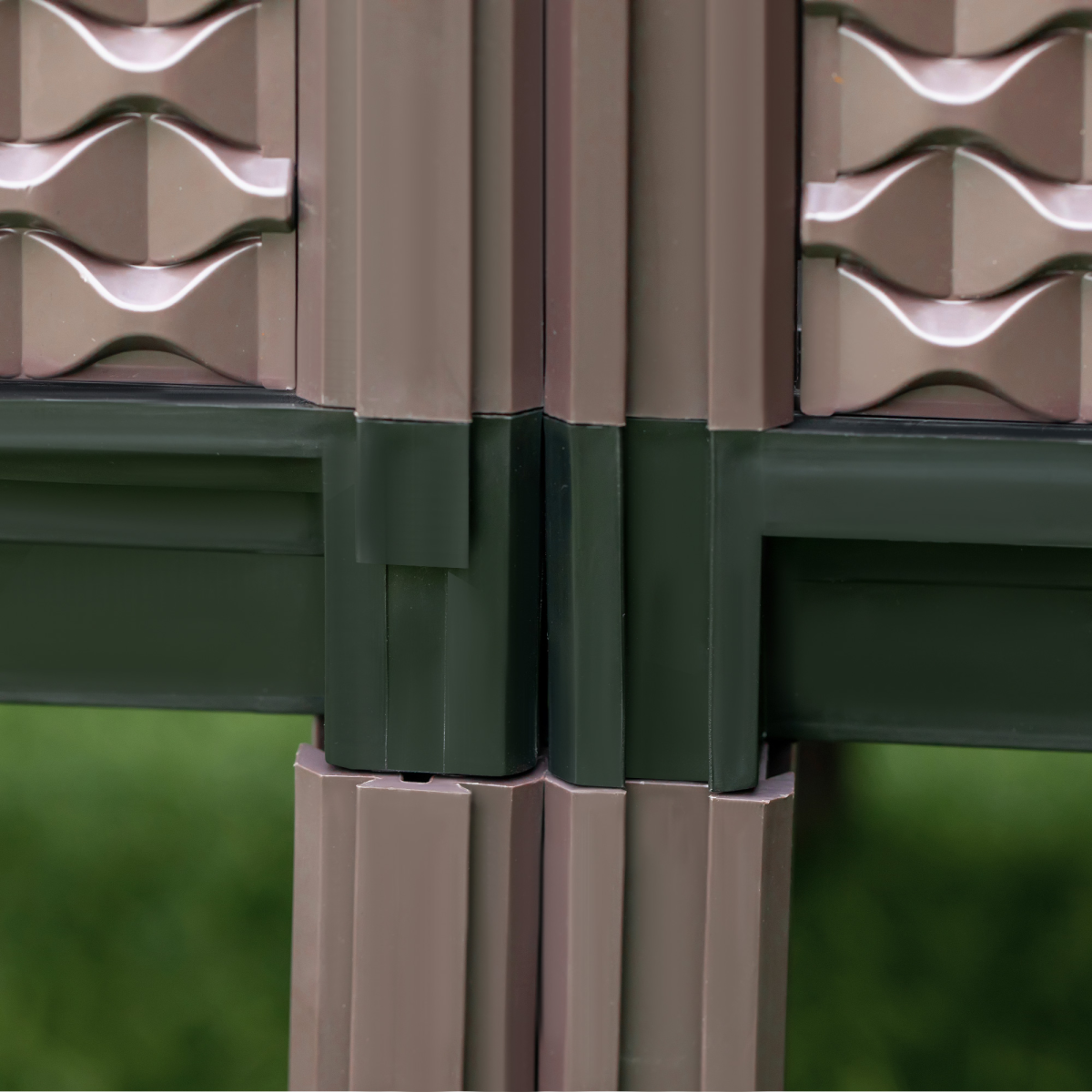 Brown and green modular raised garden bed panels with a corner join from a 2-piece balcony gardening set.