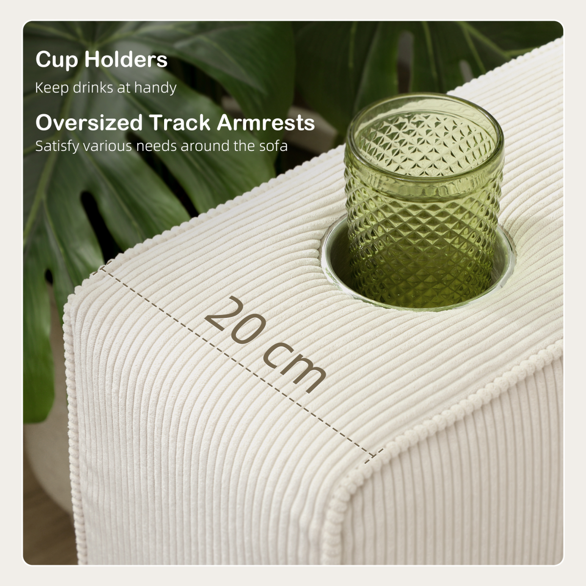 Homcom Three Seater Sofa Corduroy Cream White Cup Holders - HOMCOM - Home Symphony