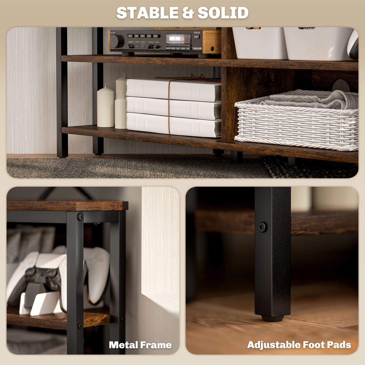 HOMCOM 50in Corner TV Stand in Rustic Brown with metal frame and open storage shelves for the living room.