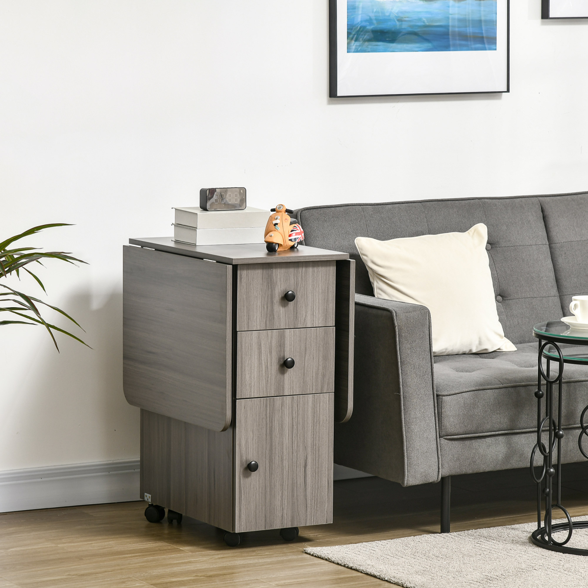 HOMCOM Drop Leaf Table Grey Wood Compact Drawers Apartments - HOMCOM - Home Symphony