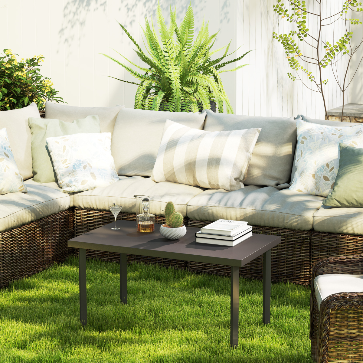 Outsunny Metal Garden Coffee Table 95x55 cm Tabletop Woodgrain Finish for Outdoor Patio - Outsunny - Home Symphony