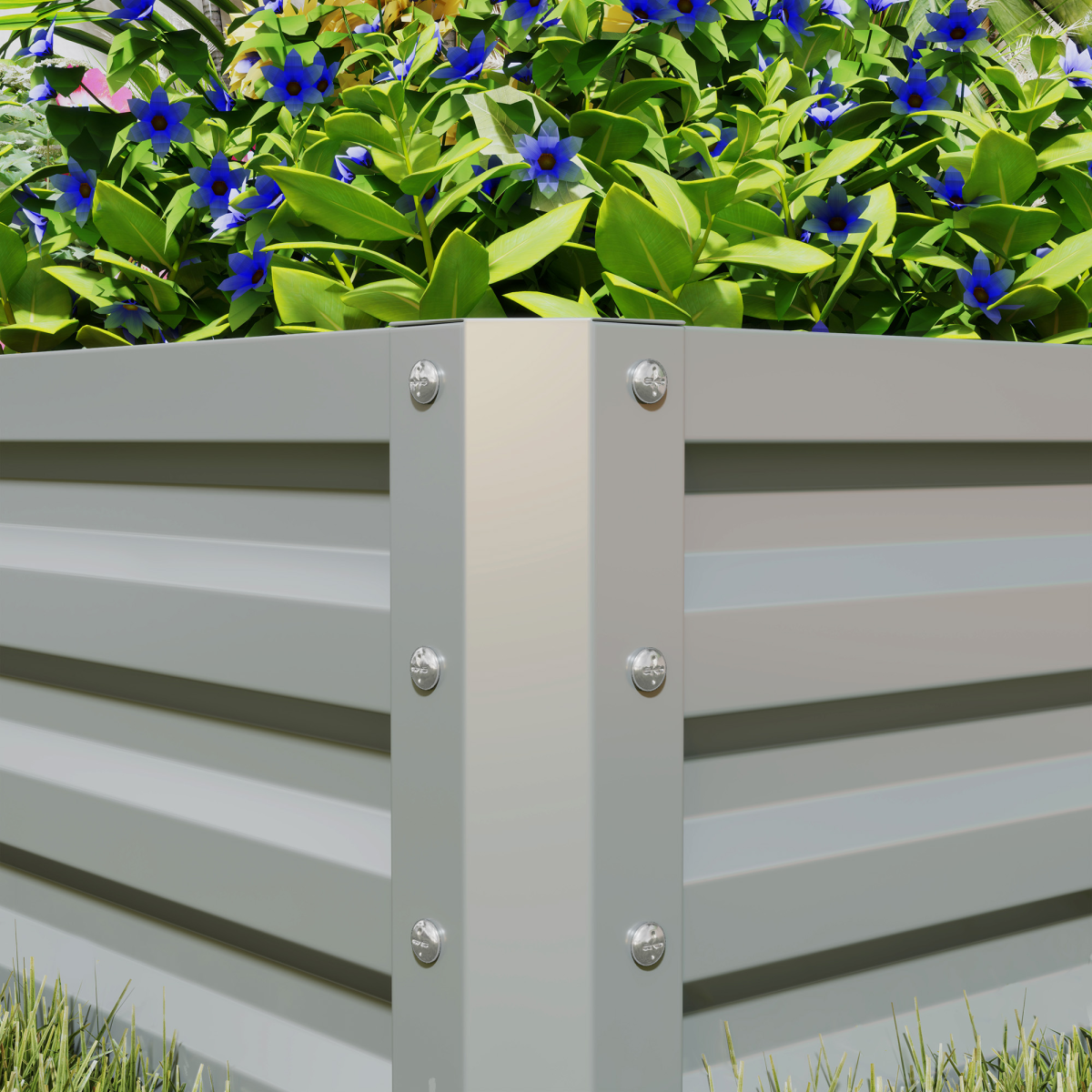 Outsunny galvanized steel raised garden bed two-pack on patio with lush green foliage and blue flowers