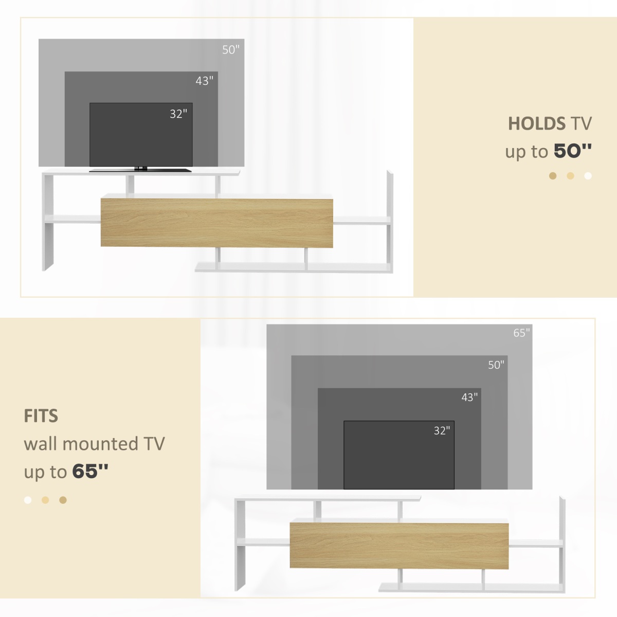 Two-piece HOMCOM TV storage: white cabinet with floating shelf, supports up to 65-inch TVs for modern living rooms.