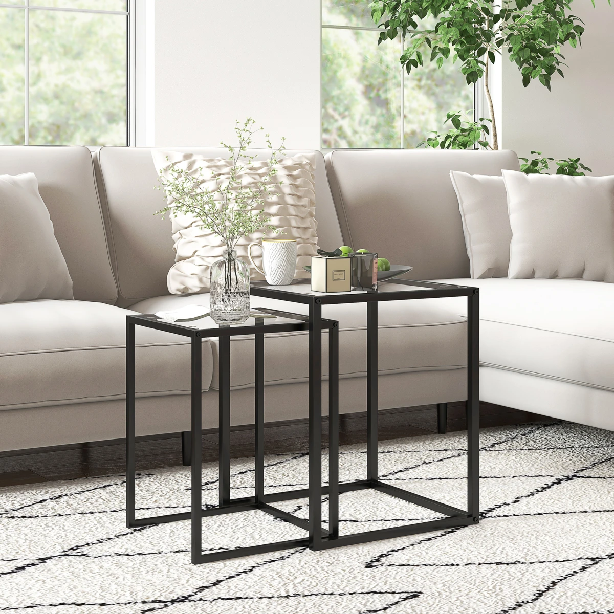 HOMCOM Nesting Tables 2 Tempered Glass Home by HOMCOM
