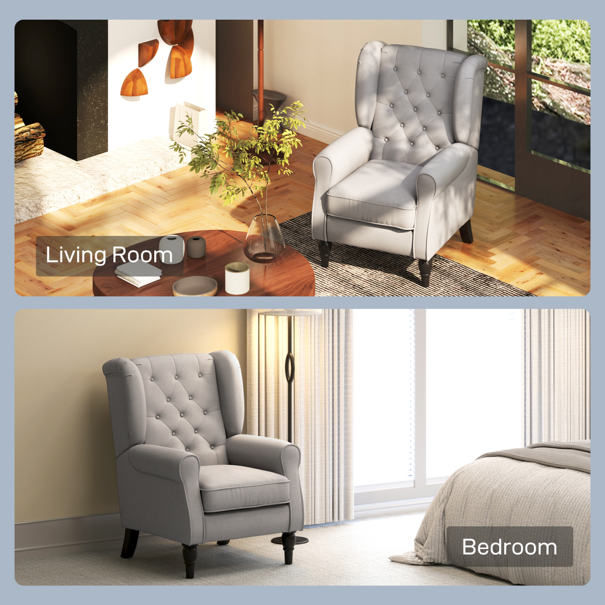 Retro Wingback Accent Chair with a medium wood frame, tufted back, in living room and bedroom settings.