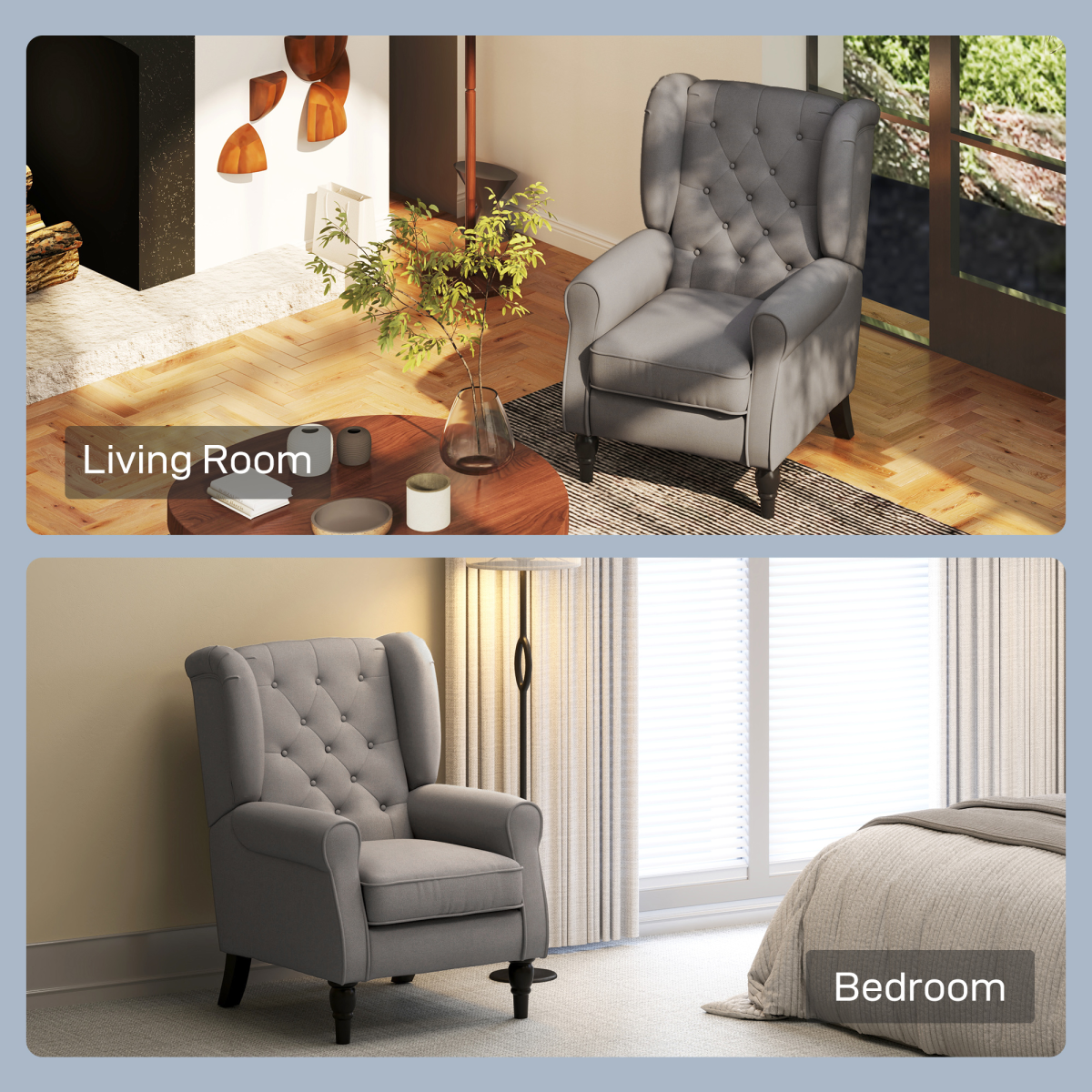 Accent Armchair: compact retro-inspired grey fabric tufted wingback with high wings, padded seat, wooden frame.