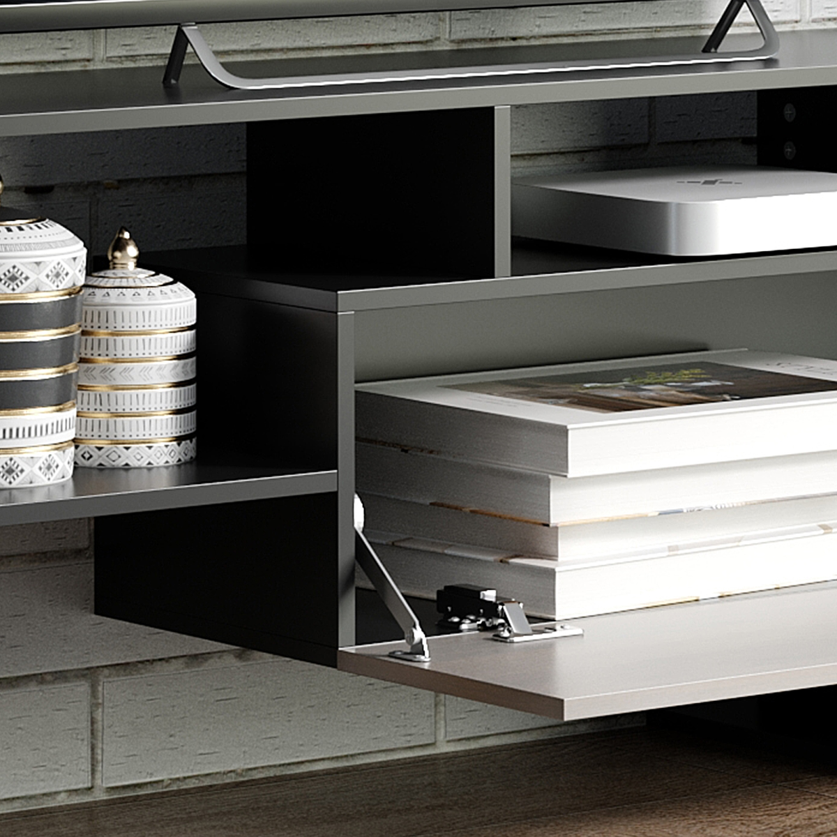 HOMCOM TV cabinet with concealed flip-down storage and open side shelves, plus matching wall shelf in dark gray.