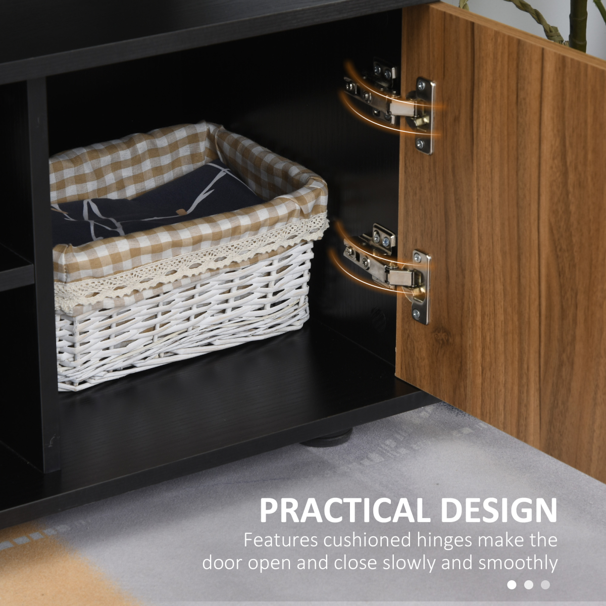 Premium walnut TV cabinet with two cupboards; door open reveals a white wicker basket inside.