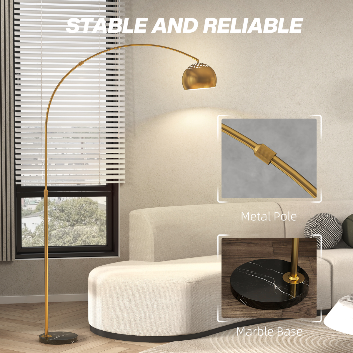 Stylish HOMCOM Arc Floor Lamp for Living Room, Free Standing Tall Lamp, Gold Tone, perfect for modern spaces and stability.