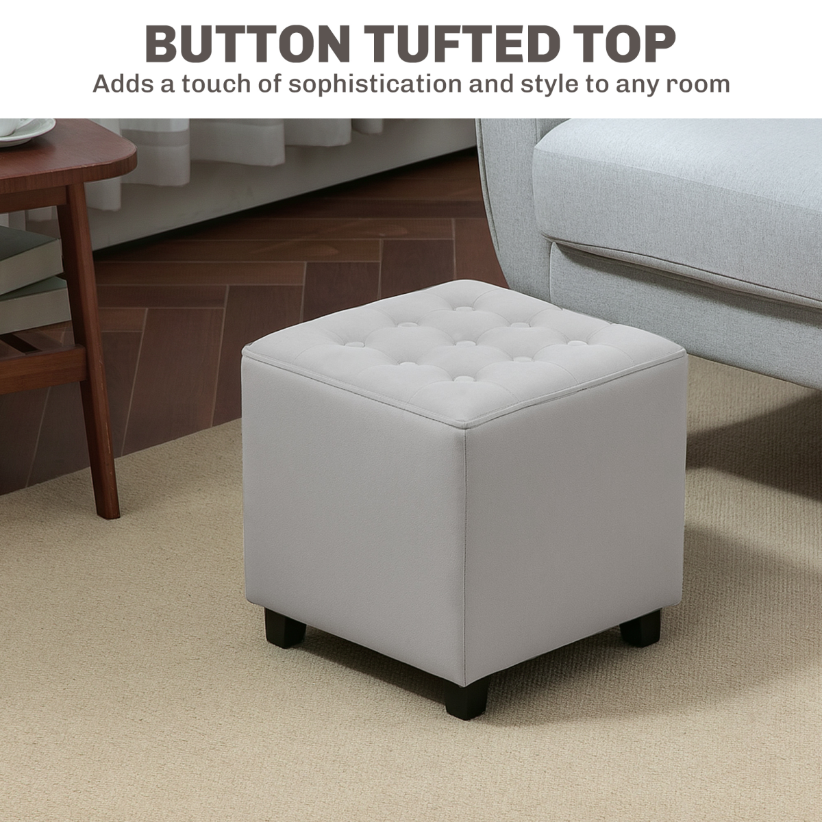 HOMCOM Compact Velvet Tufted Square Footstool With Wood Legs For Bedroom Light Grey - HOMCOM - Home Symphony