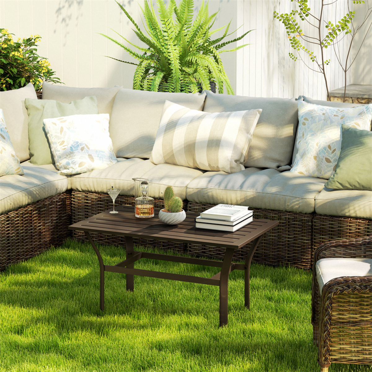 All Weather Outdoor Coffee Table 36 By 21.7 Inches Slatted Design Weather Resistant Metal Frame Floor Protectors - N/A - Home Symphony