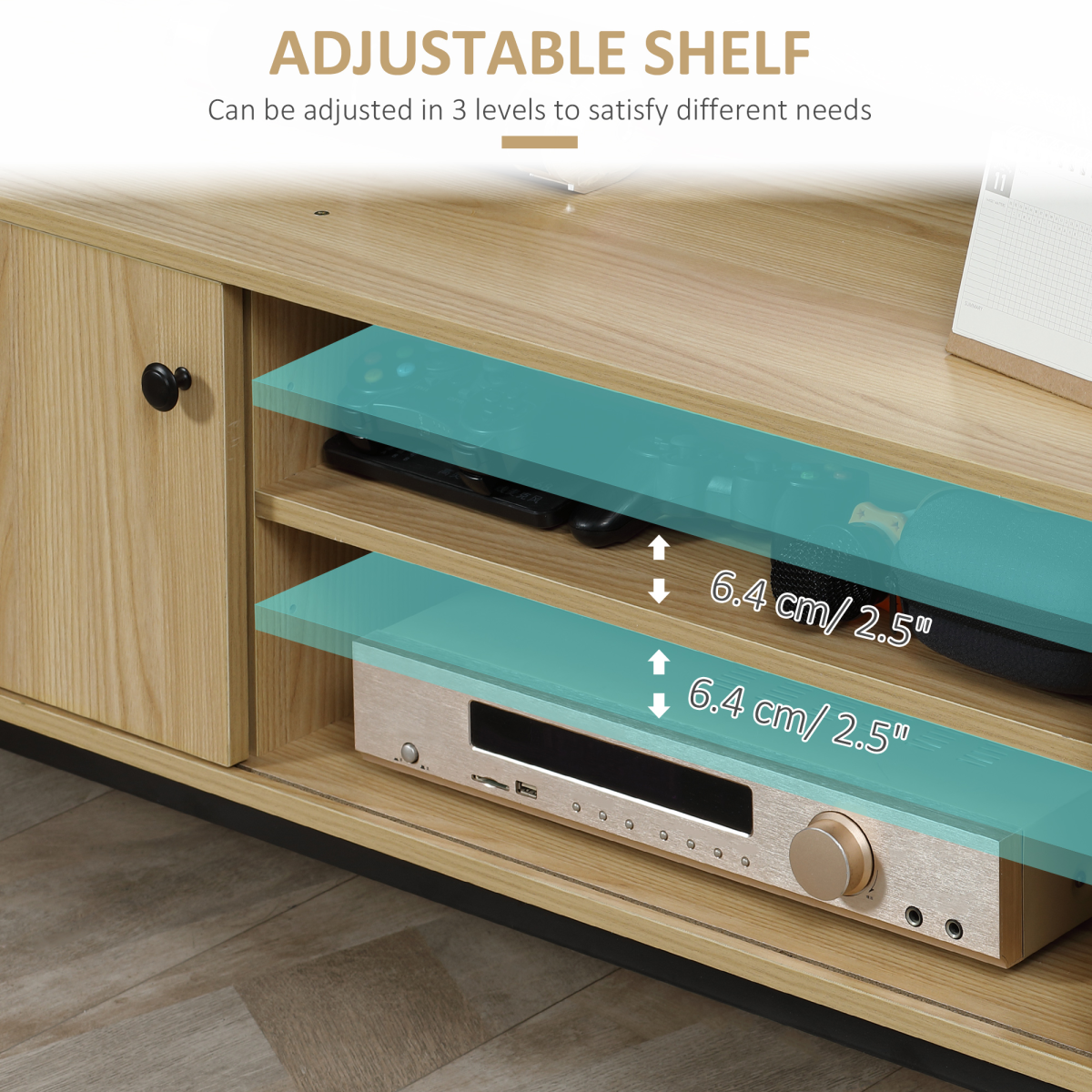 HOMCOM 50-inch TV stand cabinet with sliding doors, open shelves, and built-in cable access for living room.