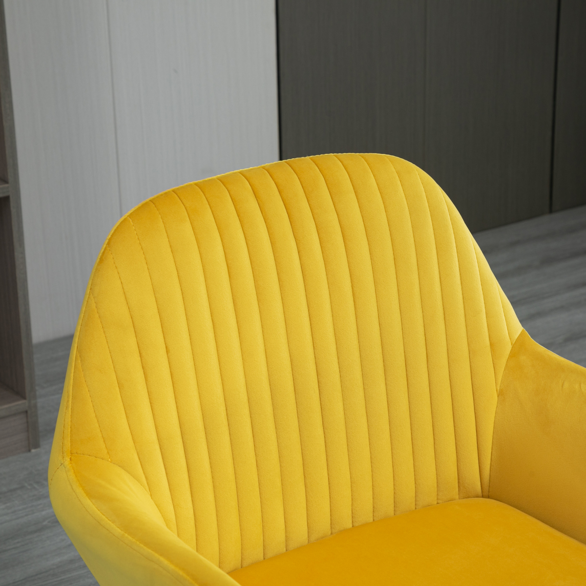 Yellow velvet armchair with vertical channel stitching and high back, 28In-wide velvet upholstery for living room.