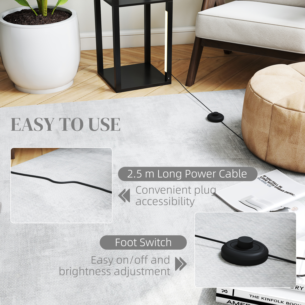 Stylish HOMCOM Floor Lamp for Living Room, Standing Lamp with Foot Switch, Black, featuring a convenient foot switch.