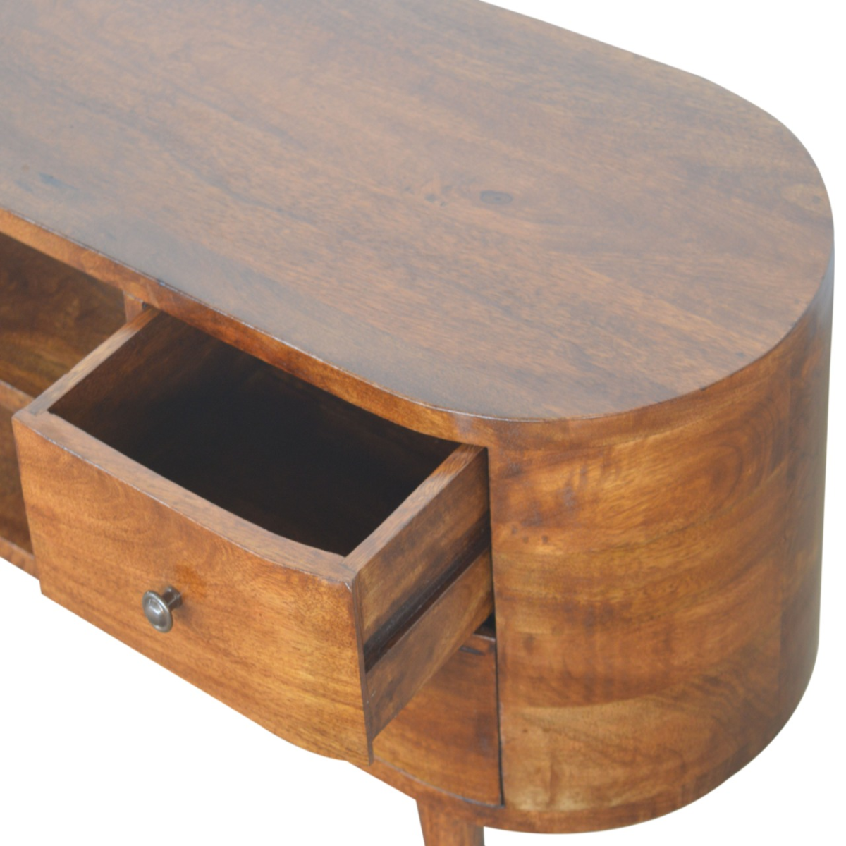 Artisan solid mango wood entertainment unit in chestnut finish with rounded edges and a drawer.
