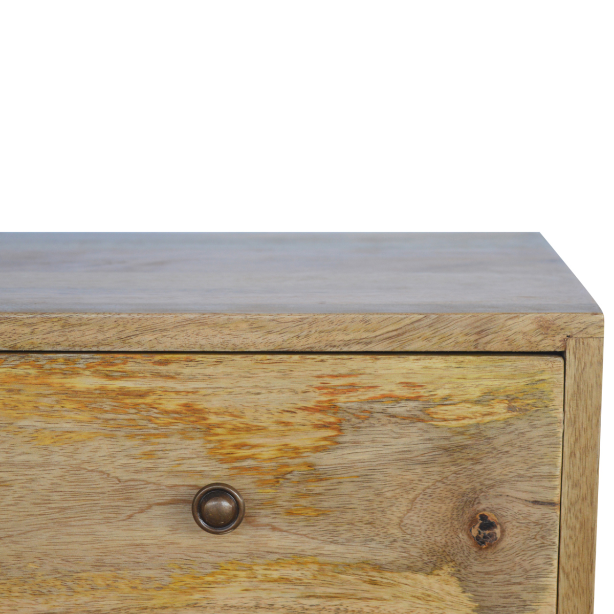 Artisan solid wood Nordic TV console with four drawers in a natural finish, warm wood grain.
