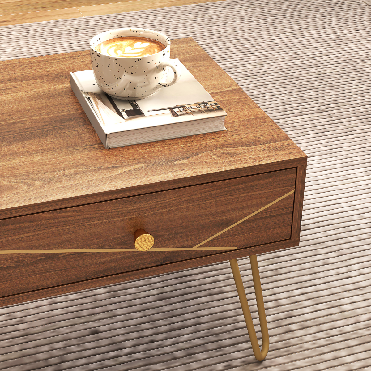 HOMCOM Coffee Table Long Woodgrain Finish With Two Drawers Gold Hairpin Legs Living Room - HOMCOM - Home Symphony