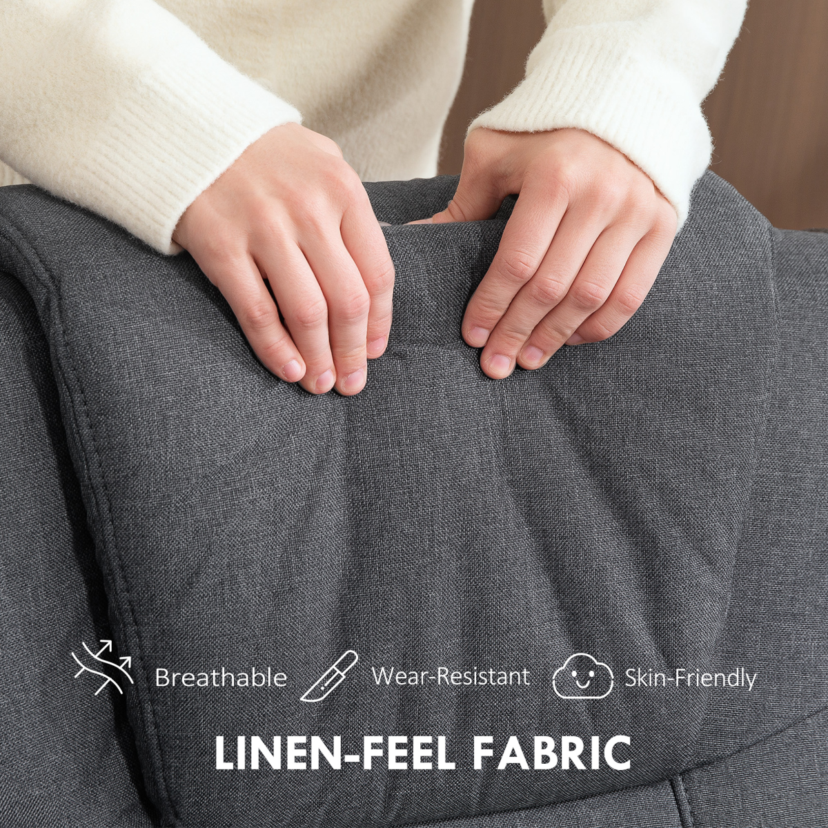 HOMCOM Rocker Recliner Standard Size Footstool For Home linen-feel fabric close-up with hands touching upholstery.