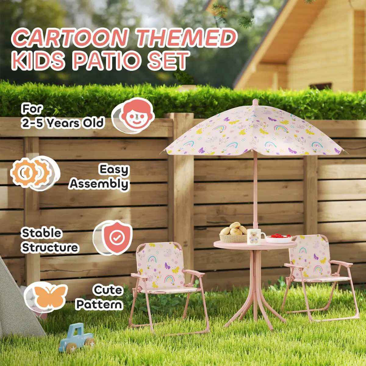 AIYAPLAY AIYAPLAY Kids Garden Table and Chair Set, Outdoor Patio Set w/ Parasol, Pink - Picnic Tables