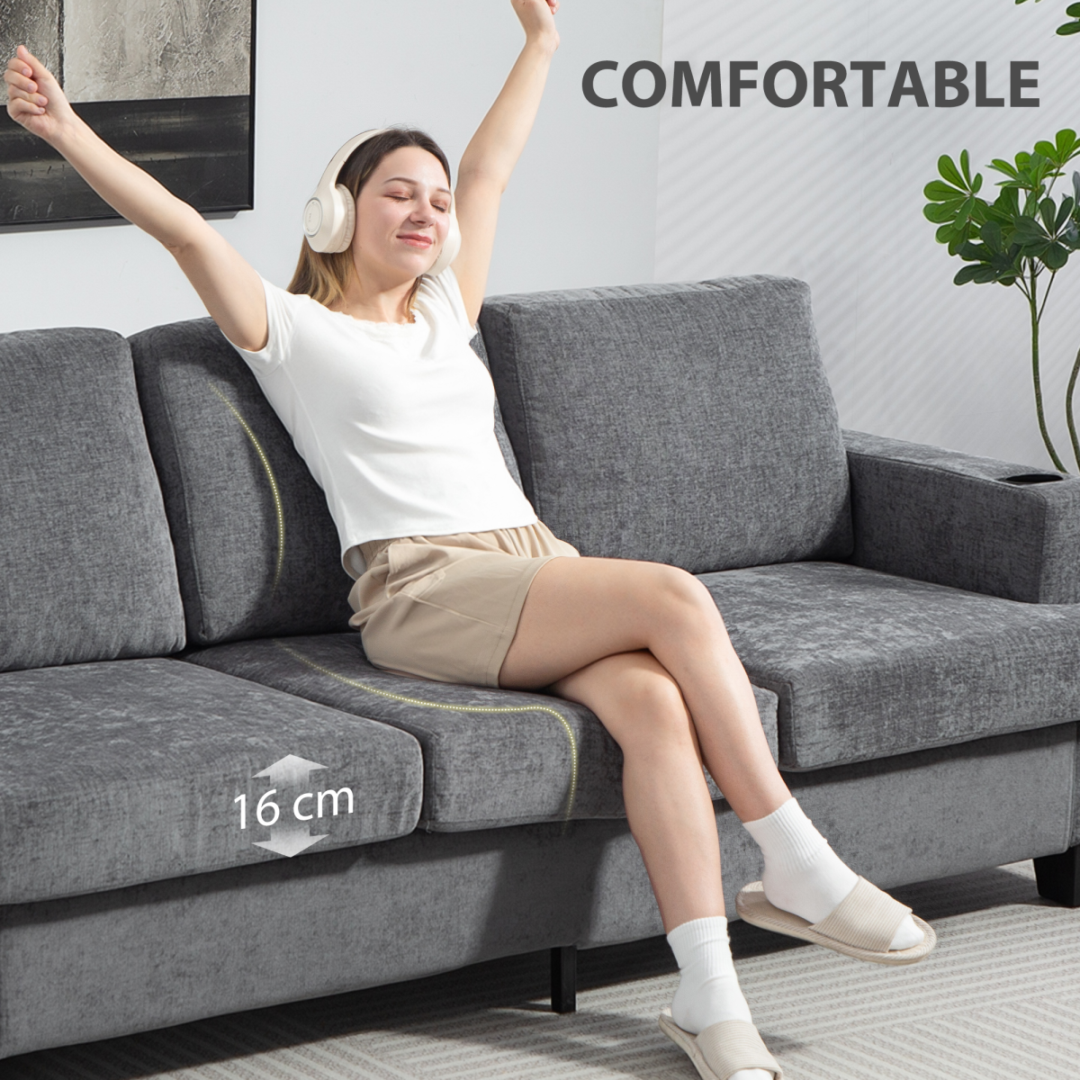 Homcom Sofa 3 Seater Gray With USB Ports Cup Holders Home - HOMCOM - Home Symphony