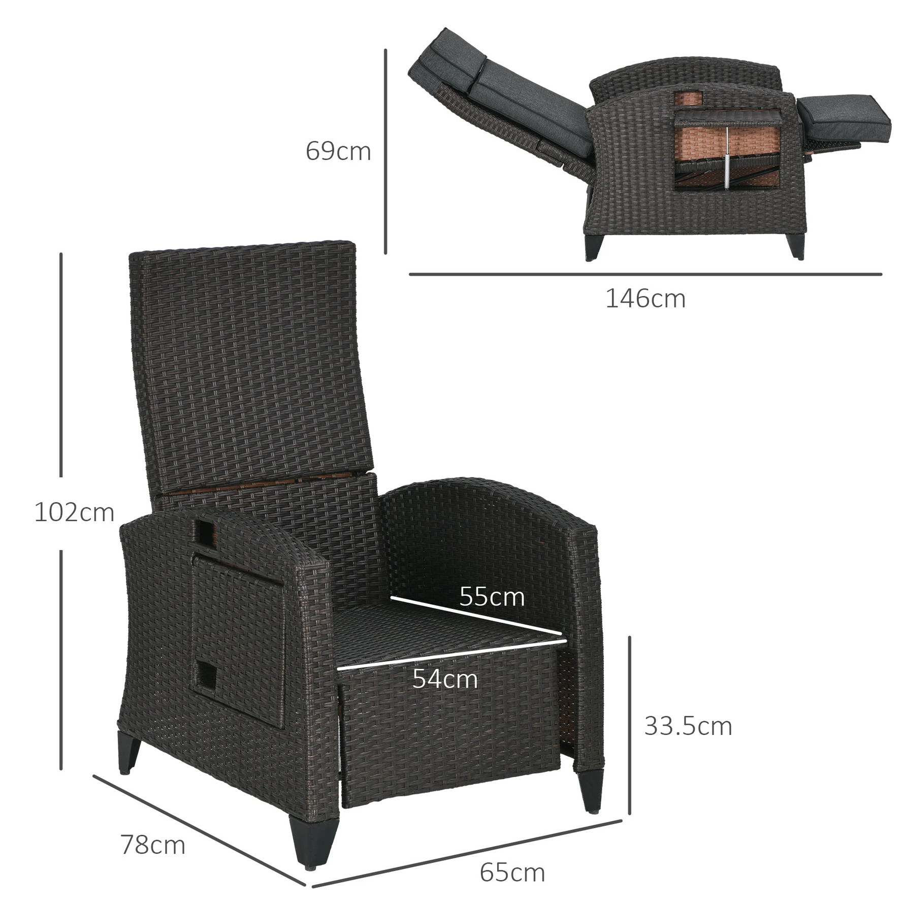 Outsunny Outsunny Outdoor Recliner Chair with Cushion Rattan Reclining Lounge Chair - Uncategorized Recliner