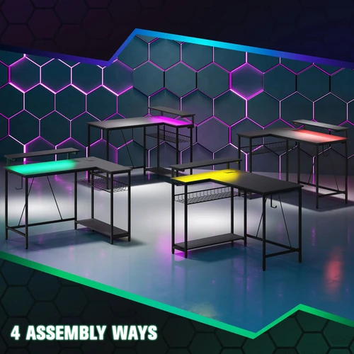 HOMCOM HOMCOM L Shaped Desk with LED Lights Reversible Corner Gaming Desk with Storage - Desk