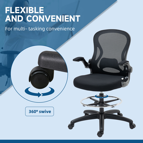 Vinsetto Draughtsman Chair Tall Office Chair w/ Adjustable Footrest Ring Black offers ergonomic support for higher work surfaces.