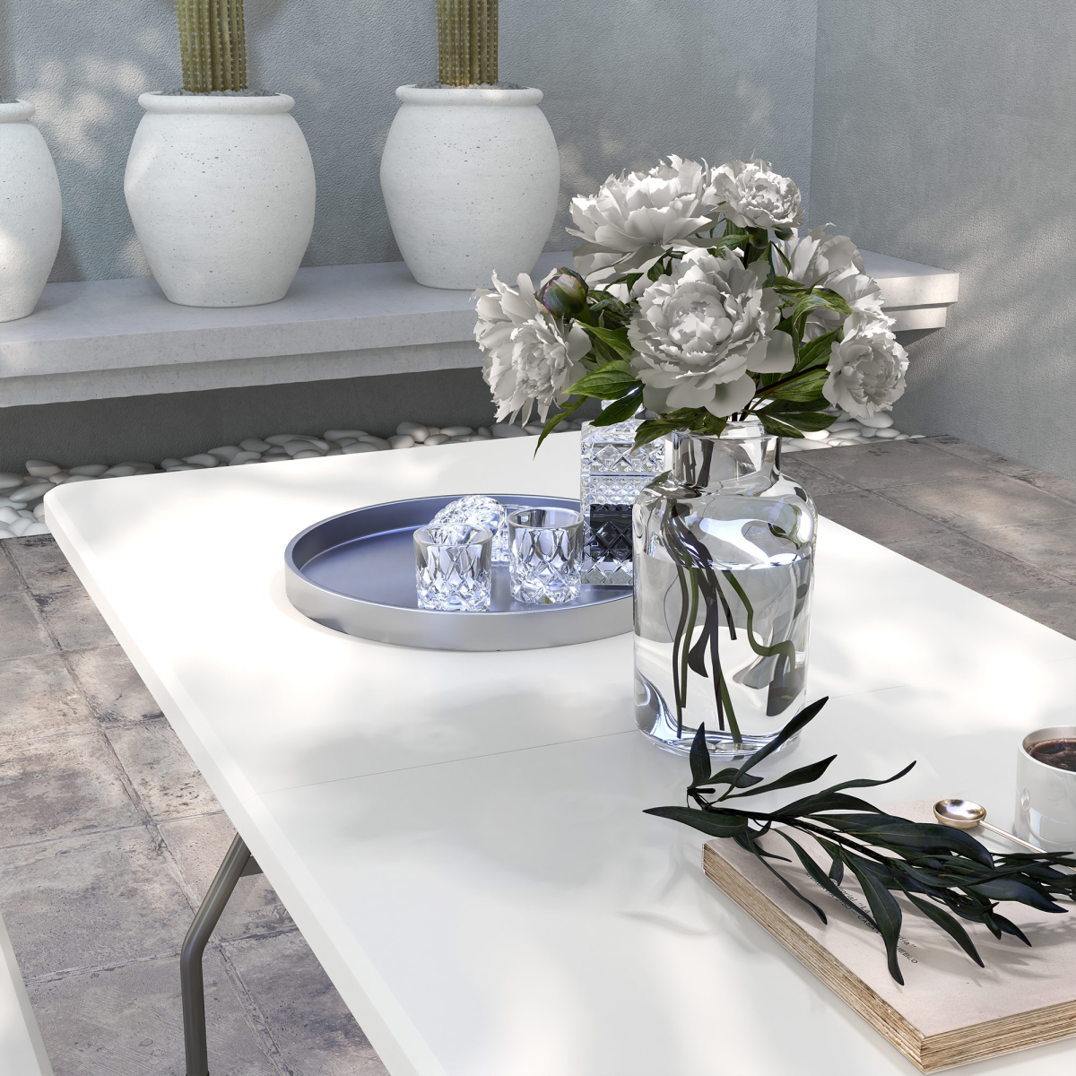 Stylish setting featuring the Outsunny Folding Garden Table with Large HDPE Top and Powder-Coated Steel Frame for Outdoor Entertaining.