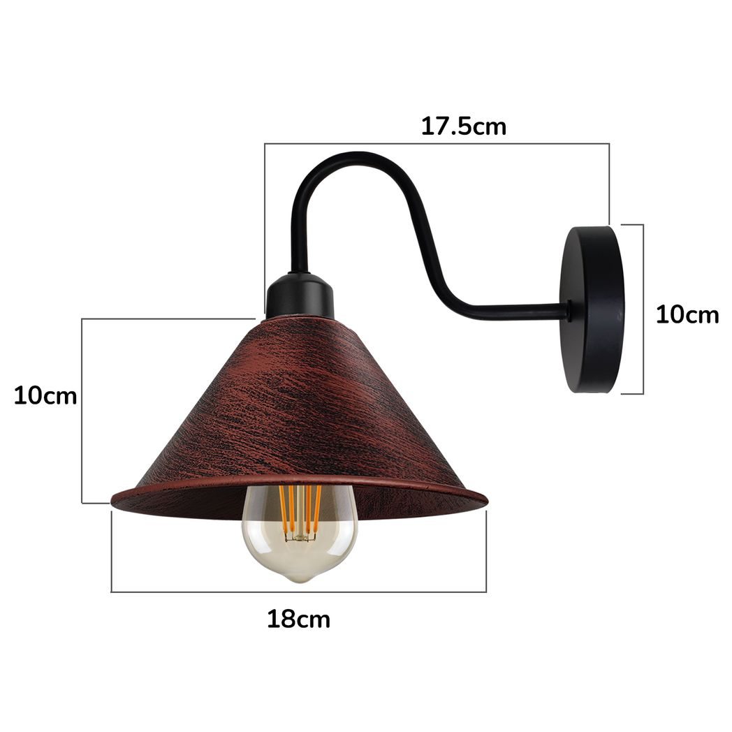 Rustic Vintage Wall Light Cone Shade E27 Base For Home Deco with black curved arm and cone shade.