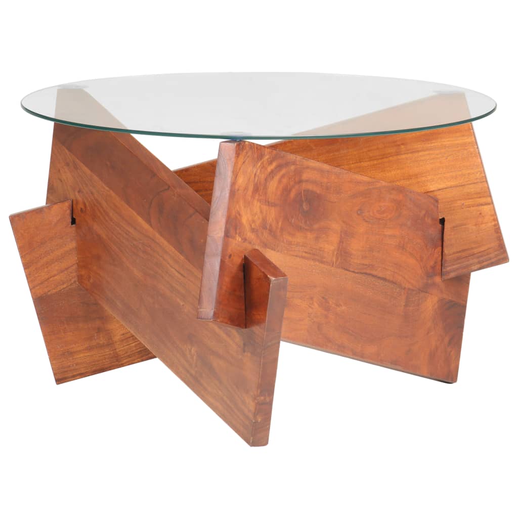 vidaXL Coffee Table 60 cm Solid Acacia Wood Glass Top Round Honey Brown Finish Living Room - vidaXL - Home Symphony