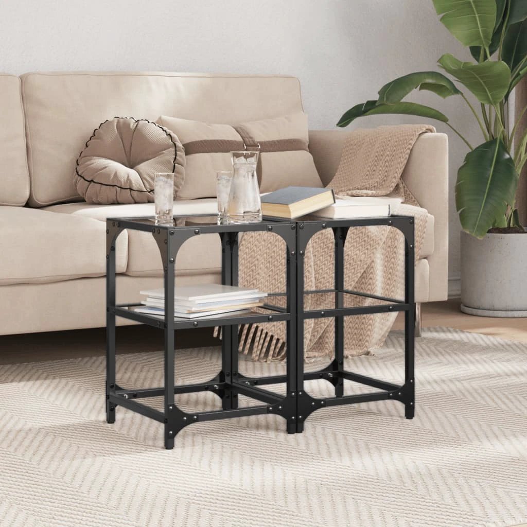 vidaXL VidaXL Coffee Tables 30x30x45 cm Black Glass Top Steel Frame Set of 2 for Living Room - Coffee Table