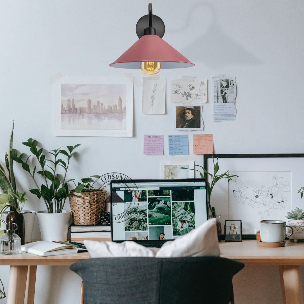 Elegant Pink Cone Wall Lamp E27 Base Swan Neck Hallway by Home Symphony lighting a cozy desk area.