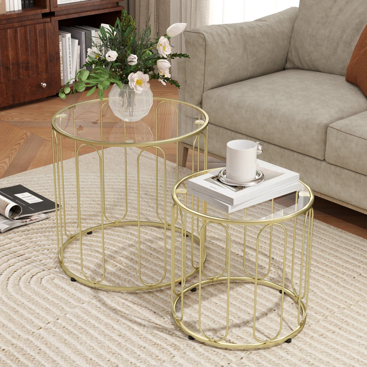 HOMCOM Nesting Coffee Tables Glass Top Gold Home by HOMCOM