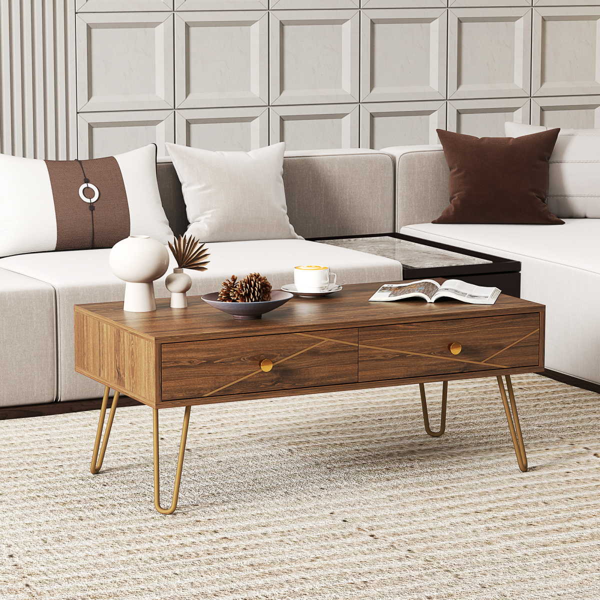 HOMCOM Coffee Table Long Woodgrain Finish With Two Drawers Gold Hairpin Legs Living Room - HOMCOM - Home Symphony