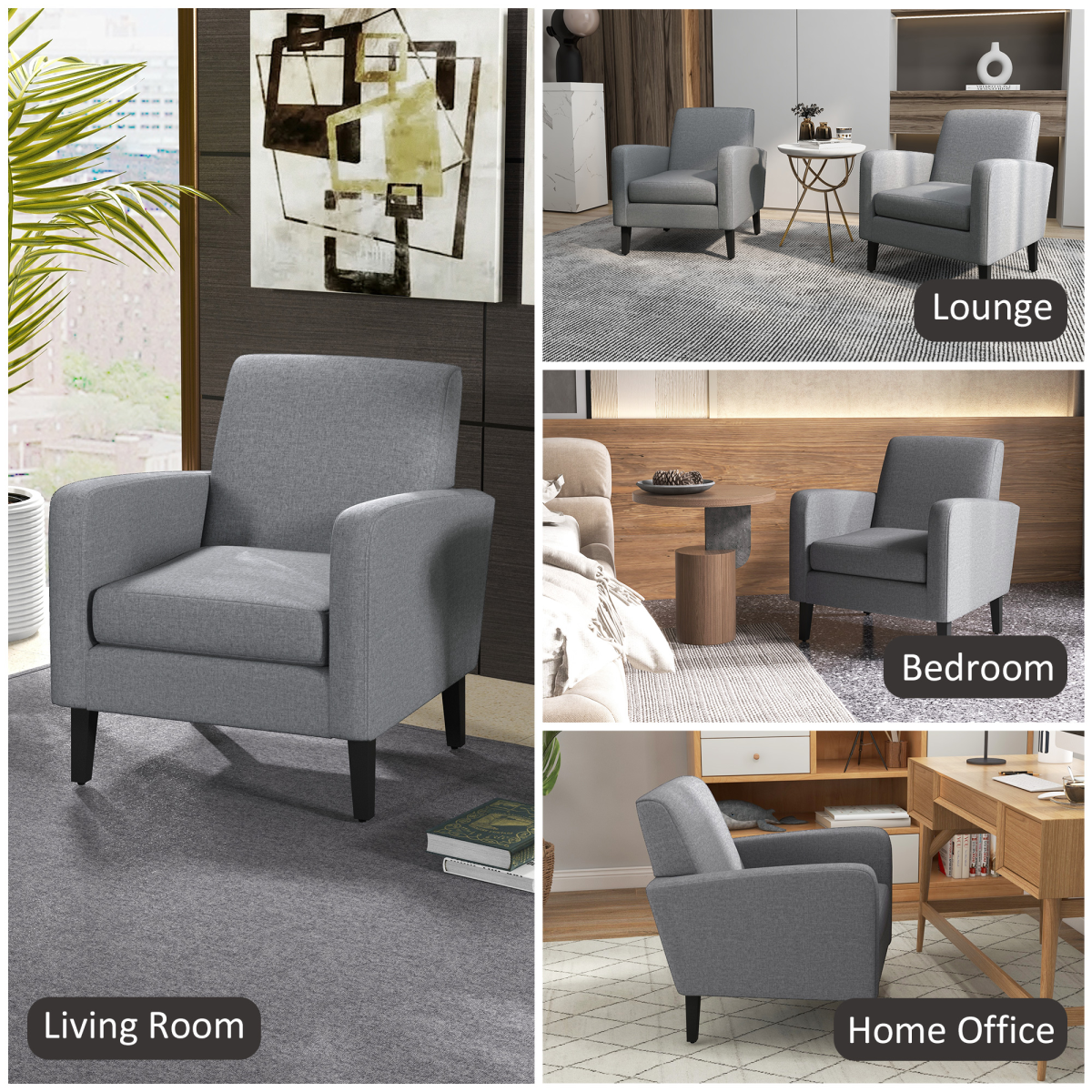 Grey linen armchair with curved arms; premium living room seating shown in lounge, bedroom, and home office.