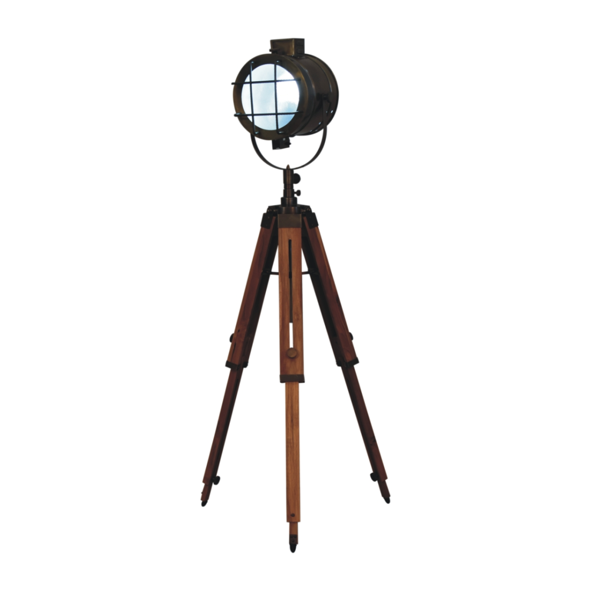 Stylish Artisan Furniture Home Decor Accessories - Caged Brass Spotlight Floor Lamp with natural tripod legs.