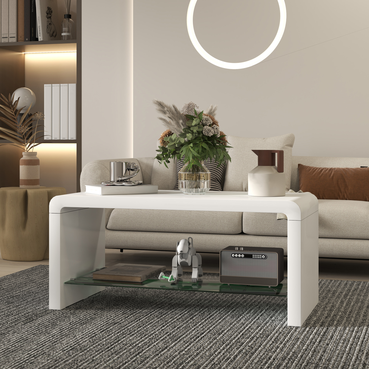 HOMCOM High Gloss Storage Coffee Table Two Tier White With Glass Shelf For Living Room