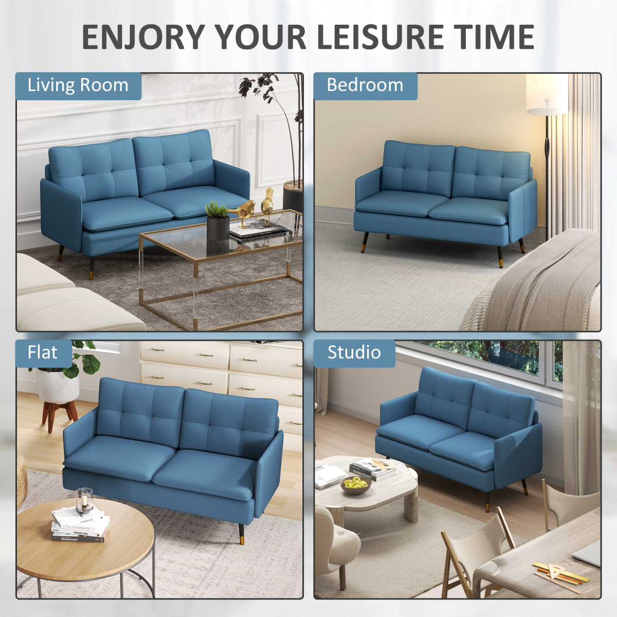 Premium Two Seat Tufted Blue Fabric Sofa For Living Room - HOMCOM - Home Symphony