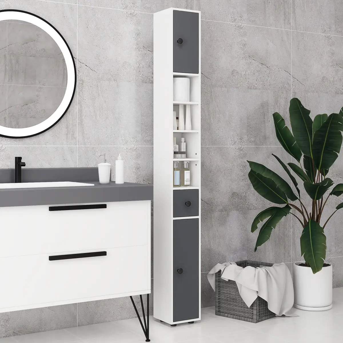 kleankin kleankin Slim Bathroom Cabinet, Toilet Roll Storage w/ Open Shelves, Grey - Display Cabinet