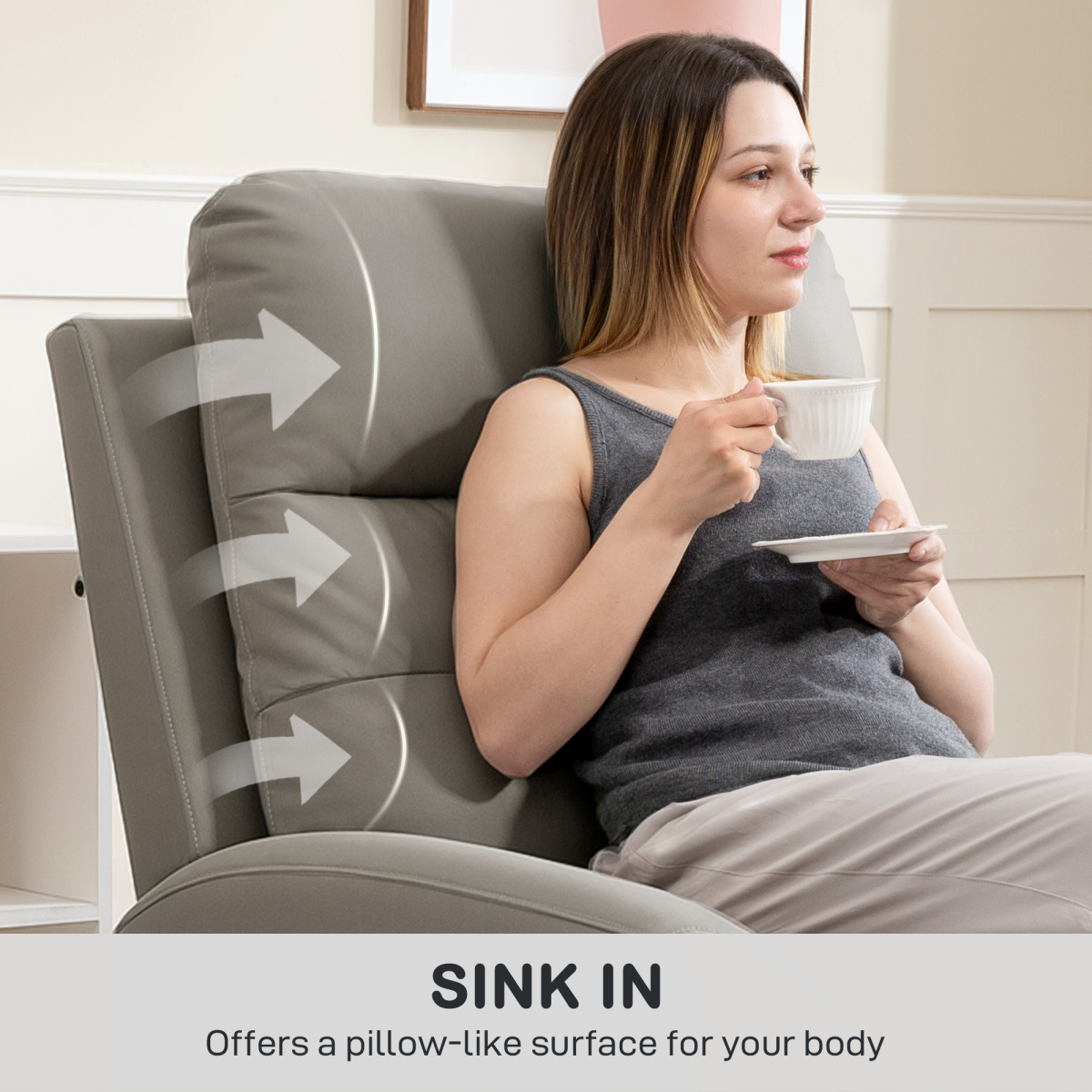 HOMCOM Full Size Manual Recliner Armchair For Living Room shows a woman relaxing in a gray recliner.